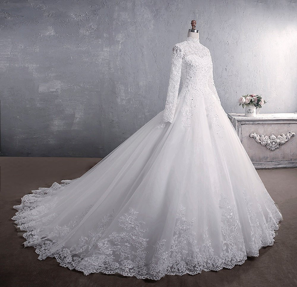 Lace Wedding Dress Bridal Stand-up Collar Long-sleeved Large Tail Large Size - IVOIRART.COM