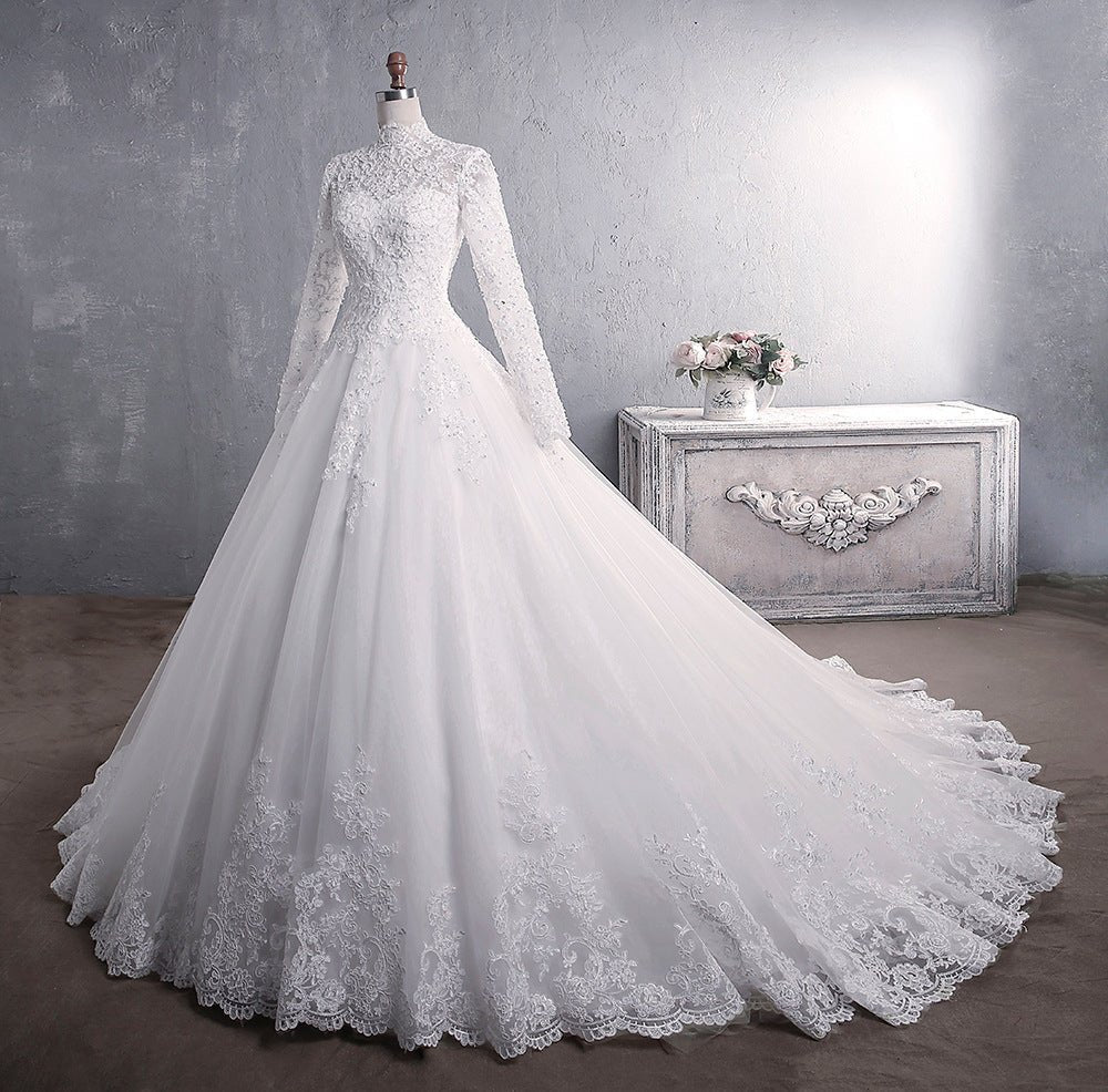 Lace Wedding Dress Bridal Stand-up Collar Long-sleeved Large Tail Large Size - IVOIRART.COM