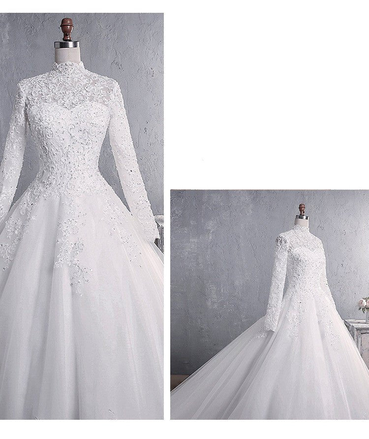Lace Wedding Dress Bridal Stand-up Collar Long-sleeved Large Tail Large Size - IVOIRART.COM