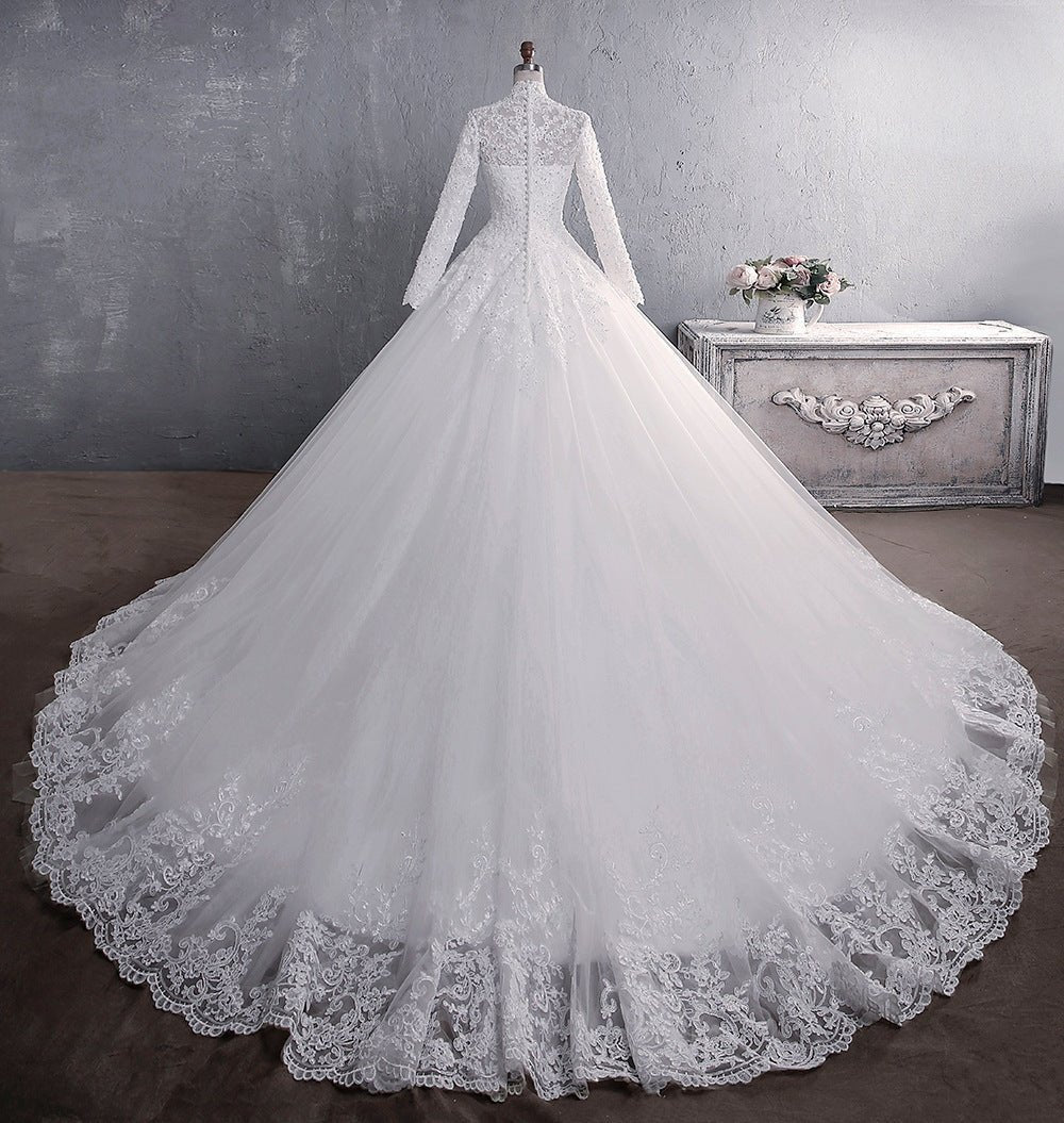 Lace Wedding Dress Bridal Stand-up Collar Long-sleeved Large Tail Large Size - IVOIRART.COM