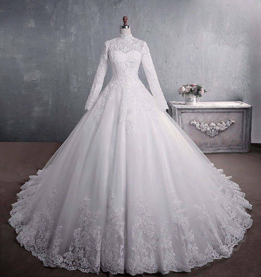 Lace Wedding Dress Bridal Stand-up Collar Long-sleeved Large Tail Large Size - IVOIRART.COM