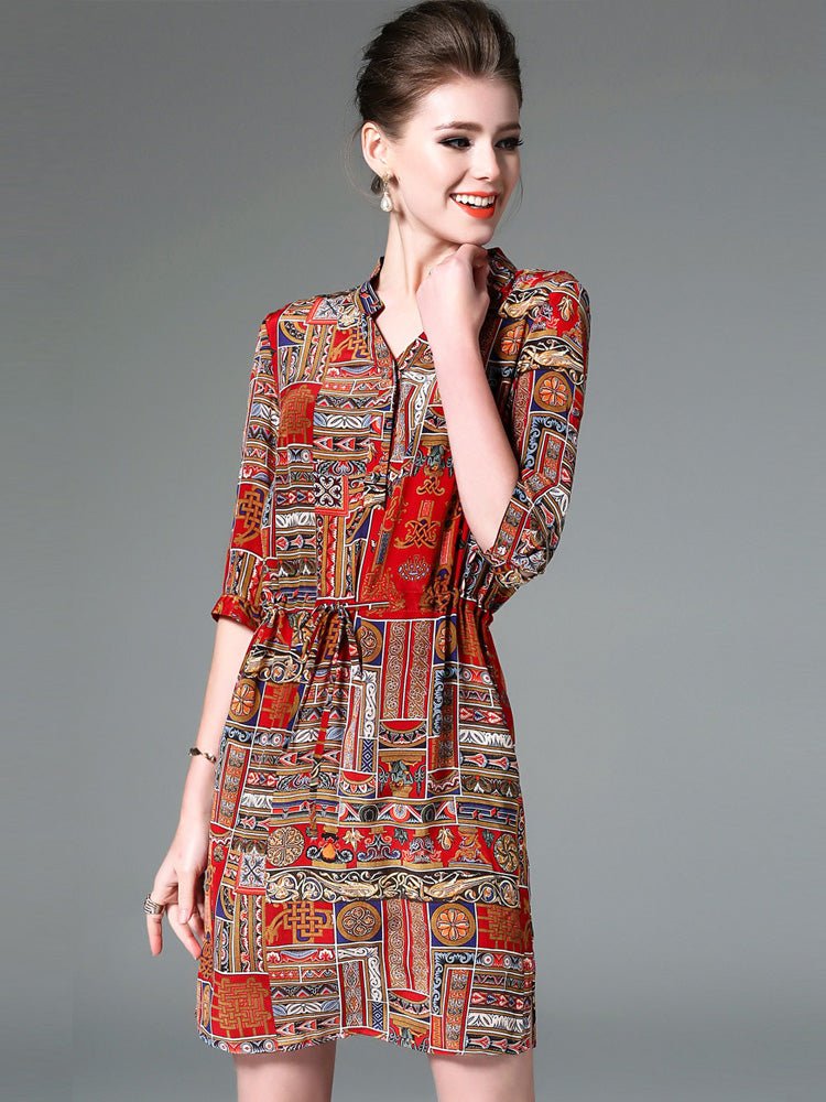Ladies Vintage Print Stitching Slim Shirt Dress - IVOIRART.COM