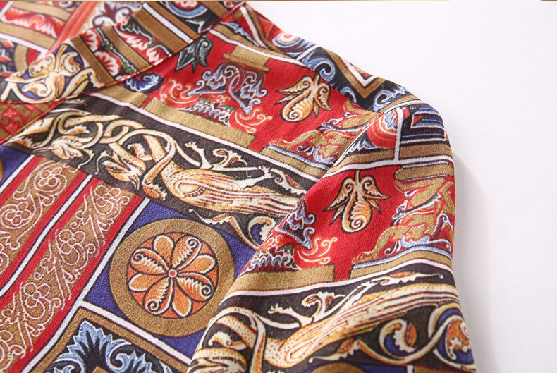 Ladies Vintage Print Stitching Slim Shirt Dress - IVOIRART.COM