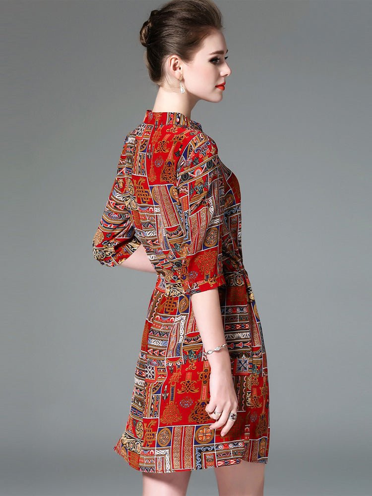 Ladies Vintage Print Stitching Slim Shirt Dress - IVOIRART.COM