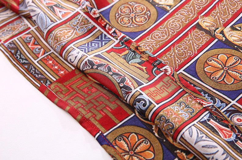 Ladies Vintage Print Stitching Slim Shirt Dress - IVOIRART.COM