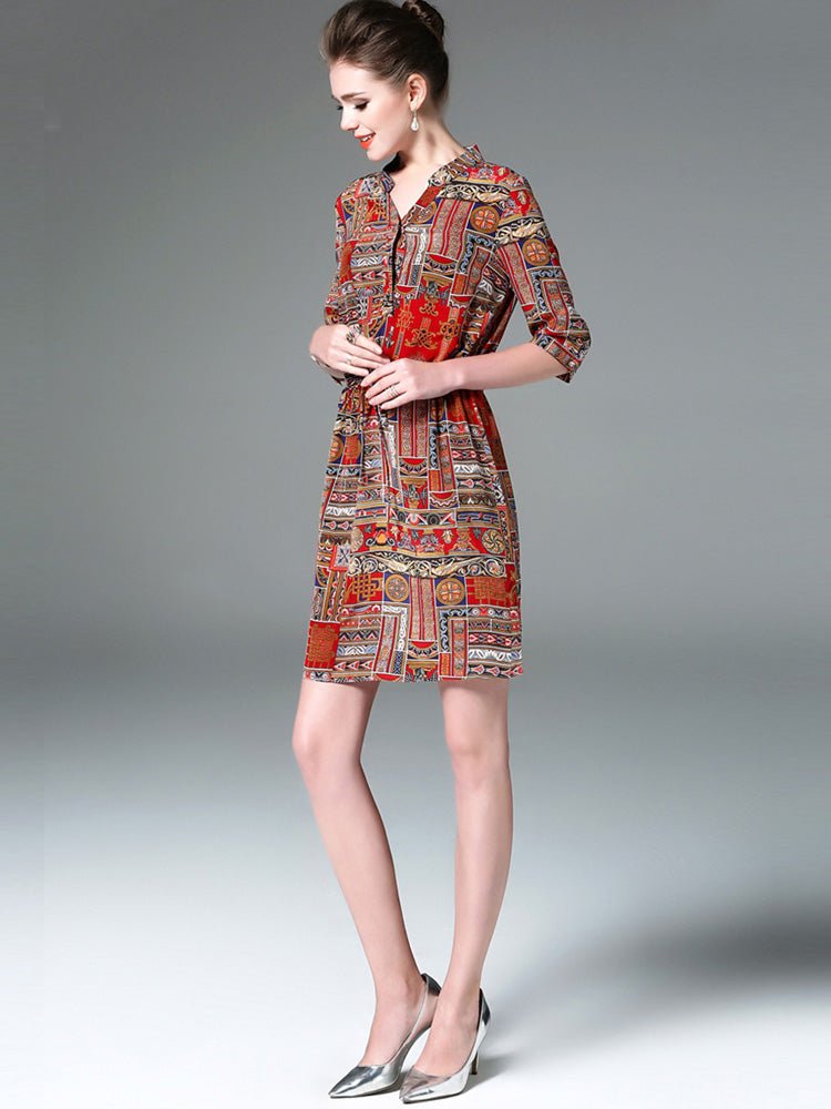 Ladies Vintage Print Stitching Slim Shirt Dress - IVOIRART.COM