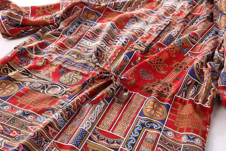 Ladies Vintage Print Stitching Slim Shirt Dress - IVOIRART.COM