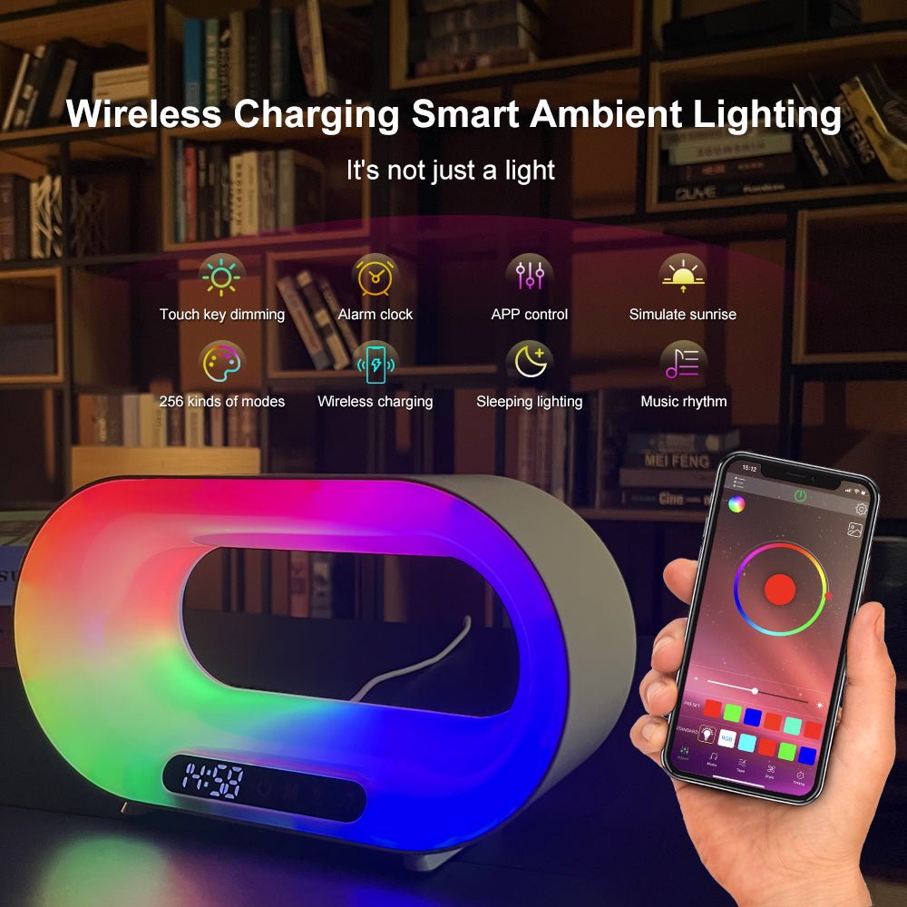 Lampe de bureau intelligente 3-en-1 avec réveil, chargeur sans fil et LED RGB - IVOIRART.COM