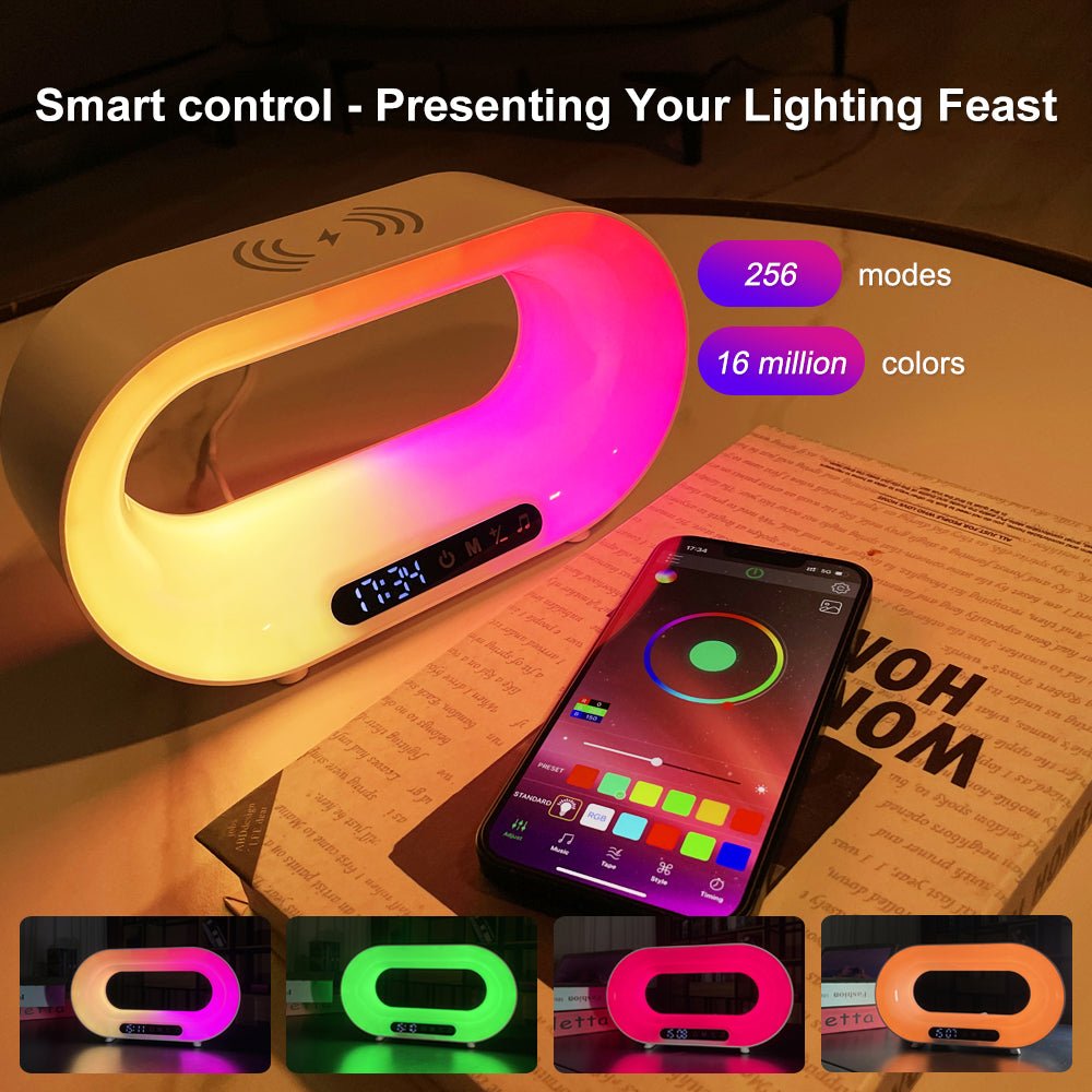 Lampe de bureau intelligente 3-en-1 avec réveil, chargeur sans fil et LED RGB - IVOIRART.COM
