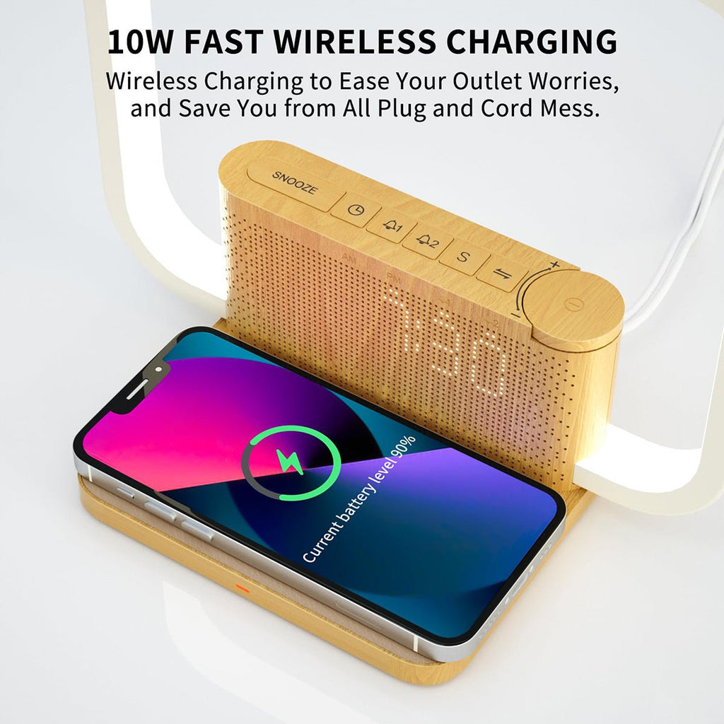 Lampe de chevet avec double réveil, chargeur sans fil 10W et son naturel premium - IVOIRART.COM