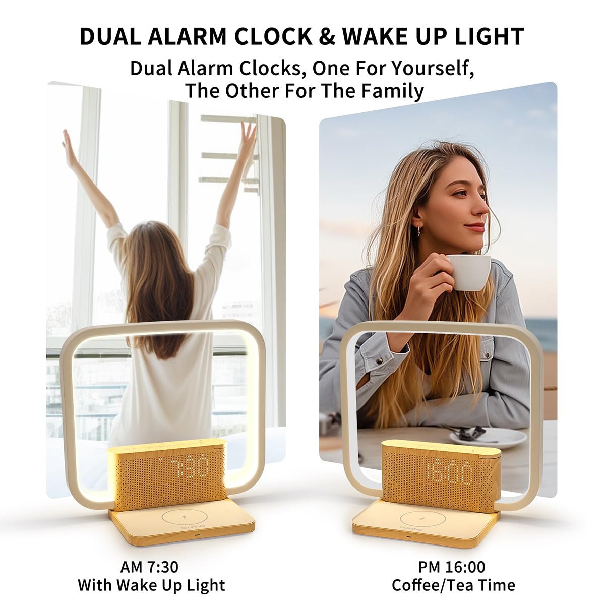 Lampe de chevet avec double réveil, chargeur sans fil 10W et son naturel premium - IVOIRART.COM