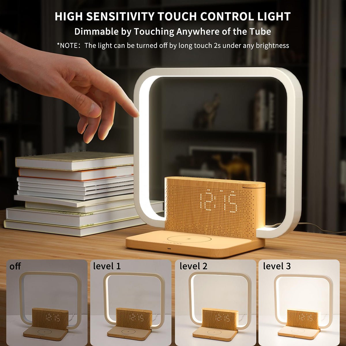 Lampe de chevet avec double réveil, chargeur sans fil 10W et son naturel premium - IVOIRART.COM