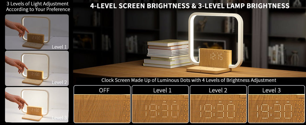 Lampe de chevet avec double réveil, chargeur sans fil 10W et son naturel premium - IVOIRART.COM