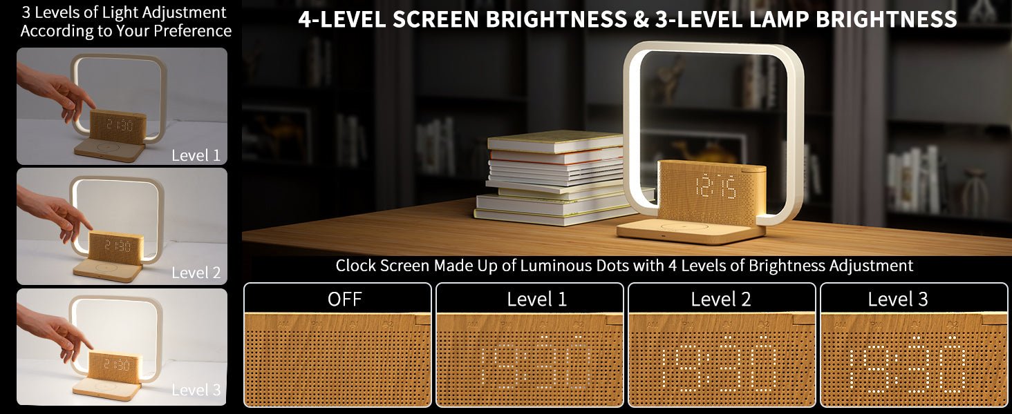Lampe de chevet avec double réveil, chargeur sans fil 10W et son naturel premium - IVOIRART.COM