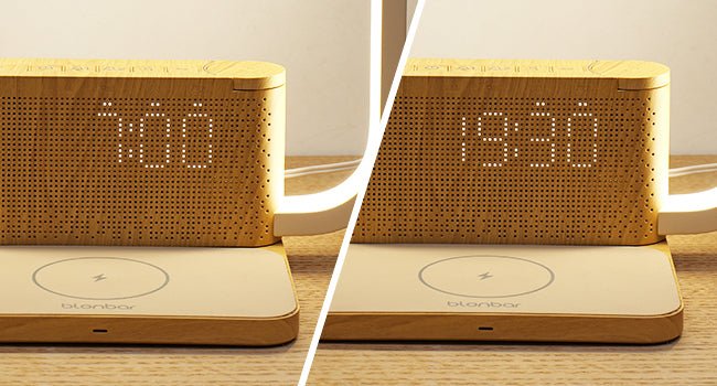 Lampe de chevet avec double réveil, chargeur sans fil 10W et son naturel premium - IVOIRART.COM