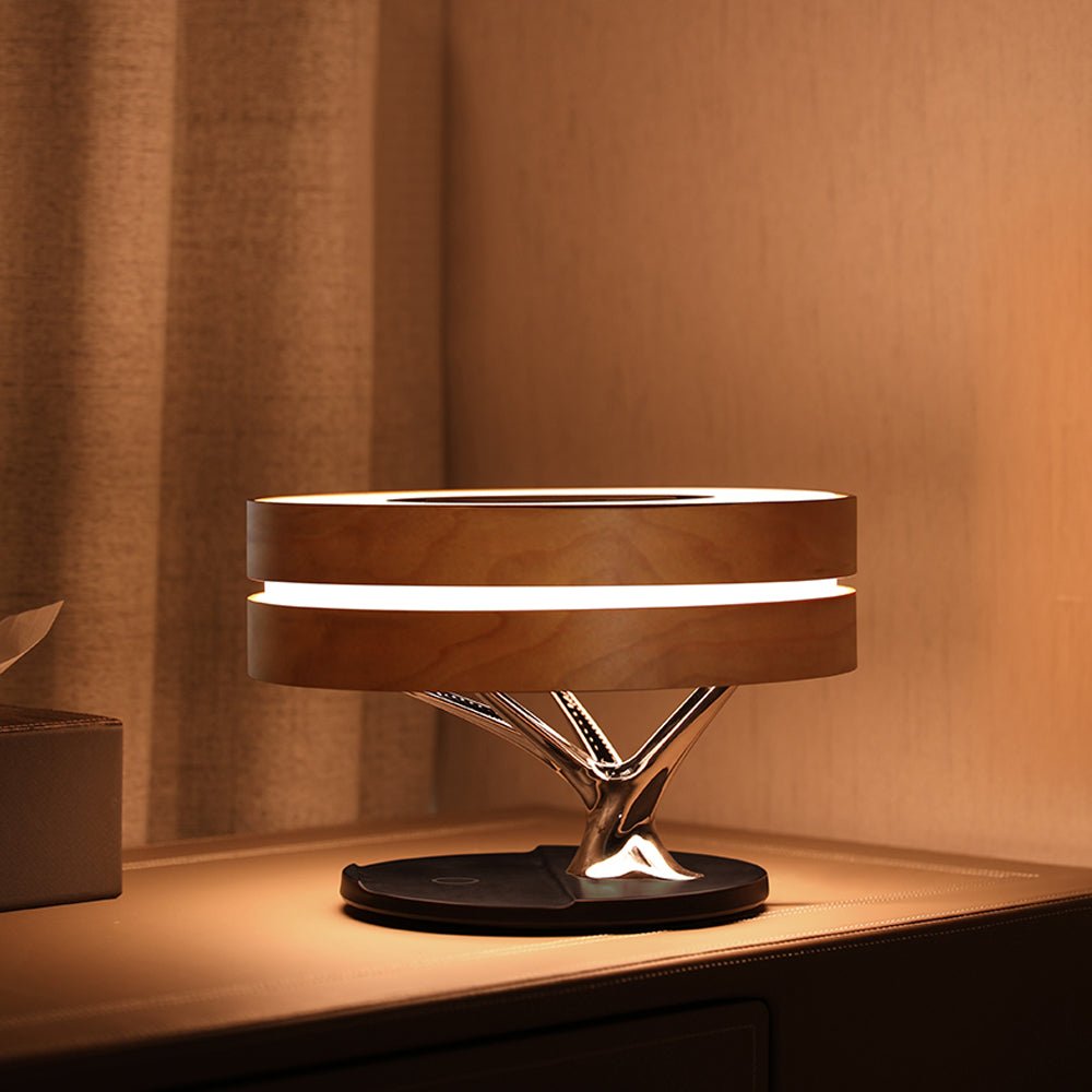 Lampe de chevet ronde intelligente avec enceinte Bluetooth, lumière LED arbre cercle, charge sans fil pour salon - IVOIRART.COM
