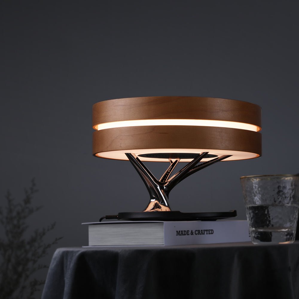 Lampe de chevet ronde intelligente avec enceinte Bluetooth, lumière LED arbre cercle, charge sans fil pour salon - IVOIRART.COM