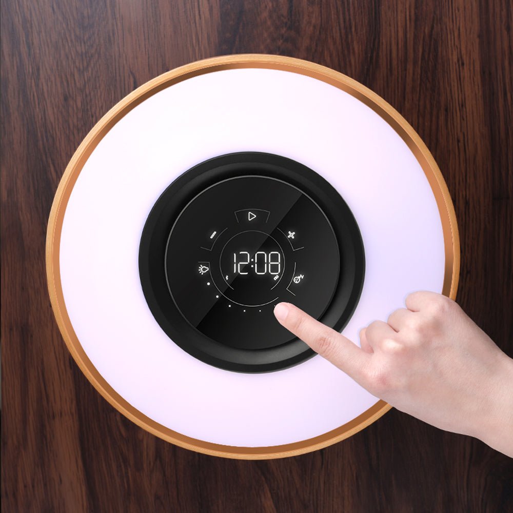 Lampe de chevet ronde intelligente avec enceinte Bluetooth, lumière LED arbre cercle, charge sans fil pour salon - IVOIRART.COM