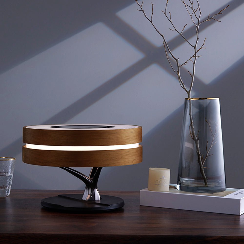 Lampe de chevet ronde intelligente avec enceinte Bluetooth, lumière LED arbre cercle, charge sans fil pour salon - IVOIRART.COM