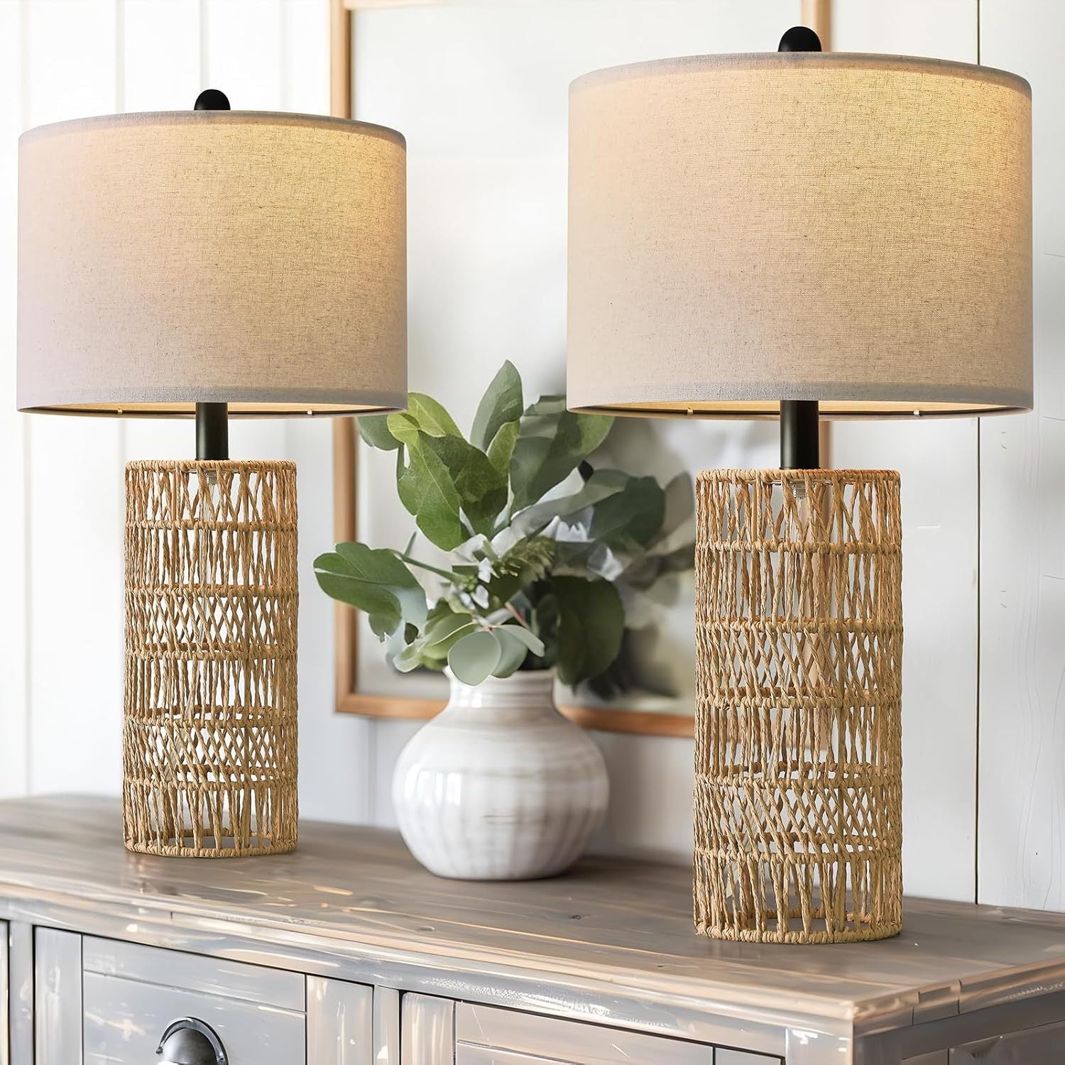 Lampe de table en rotin tressé champignon - Déco bohème vintage élégante et chic - IVOIRART.COM
