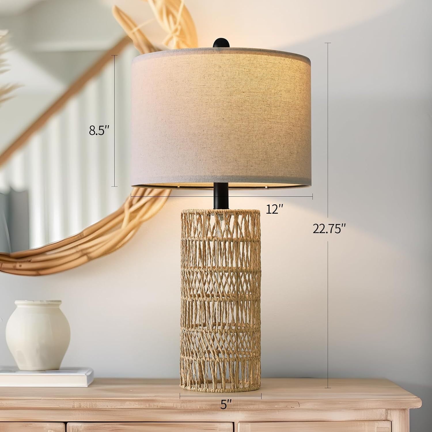 Lampe de table en rotin tressé champignon - Déco bohème vintage élégante et chic - IVOIRART.COM