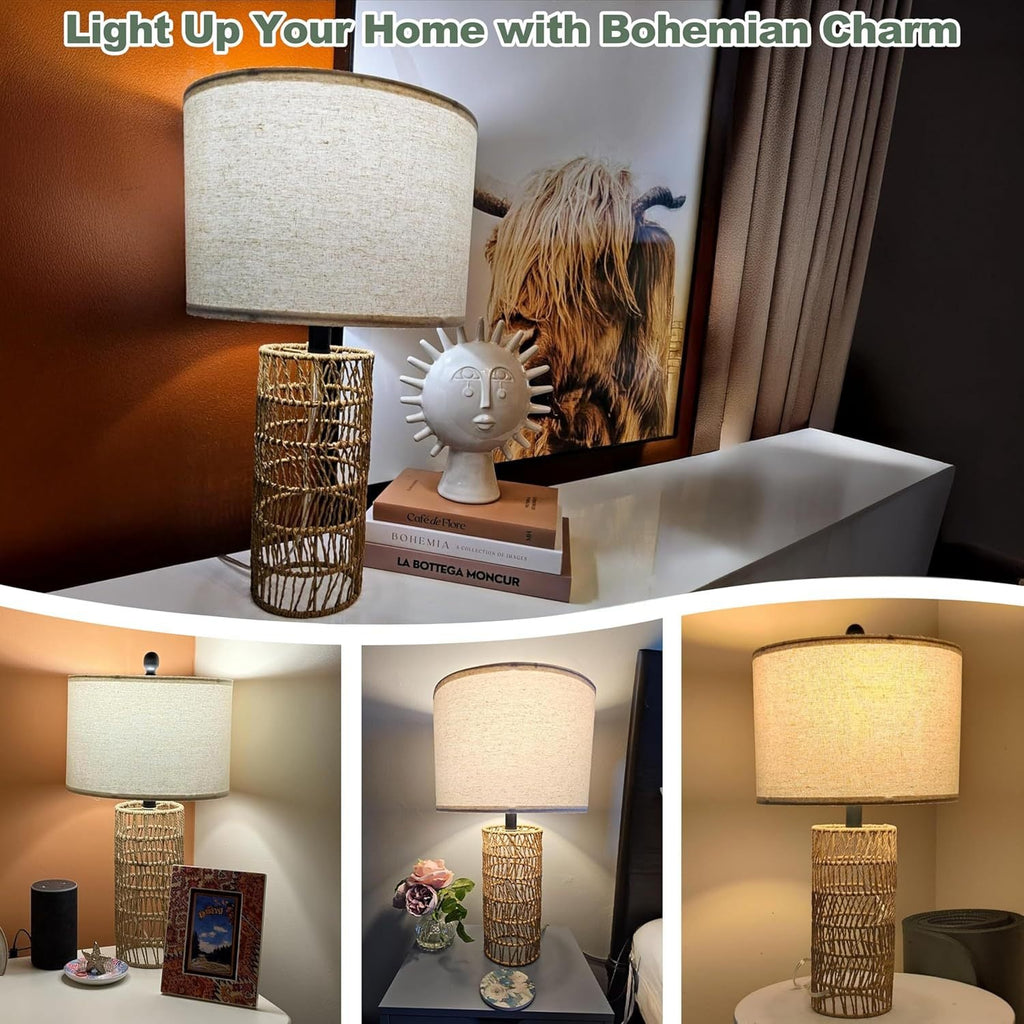 Lampe de table en rotin tressé champignon - Déco bohème vintage élégante et chic - IVOIRART.COM