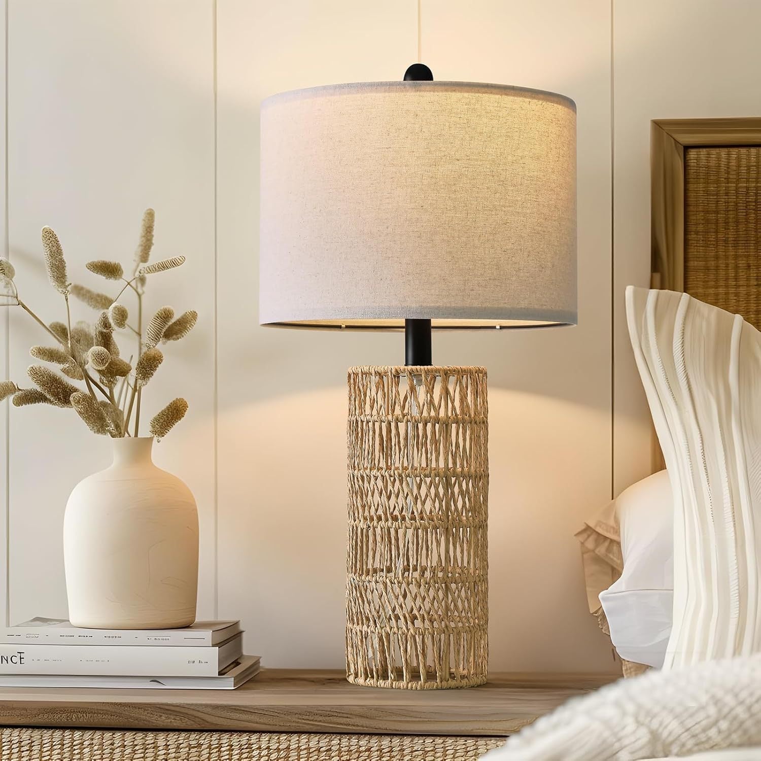 Lampe de table en rotin tressé champignon - Déco bohème vintage élégante et chic - IVOIRART.COM