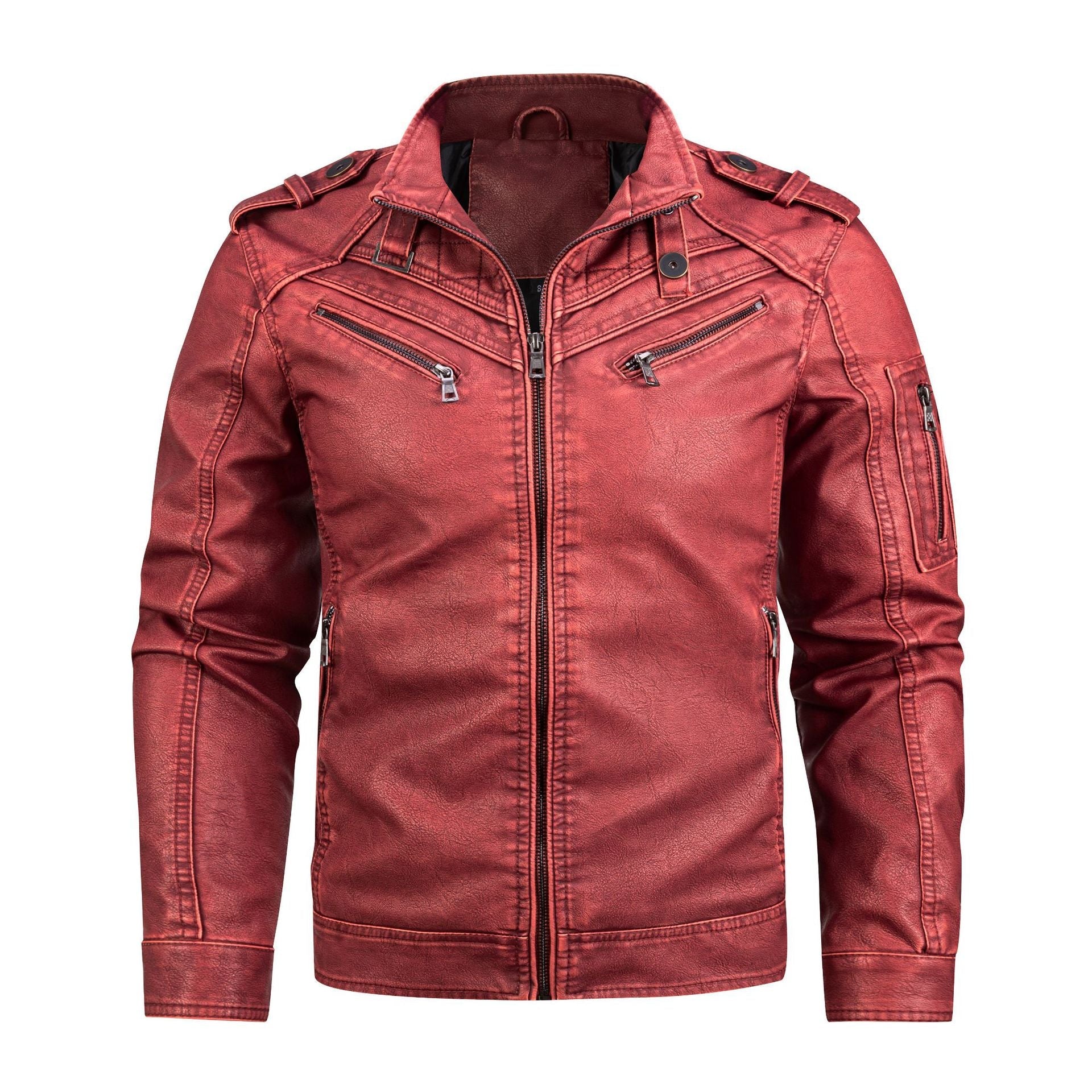 Leather Coat Men's Vintage Washed Faded Edge Stand Collar - IVOIRART.COM