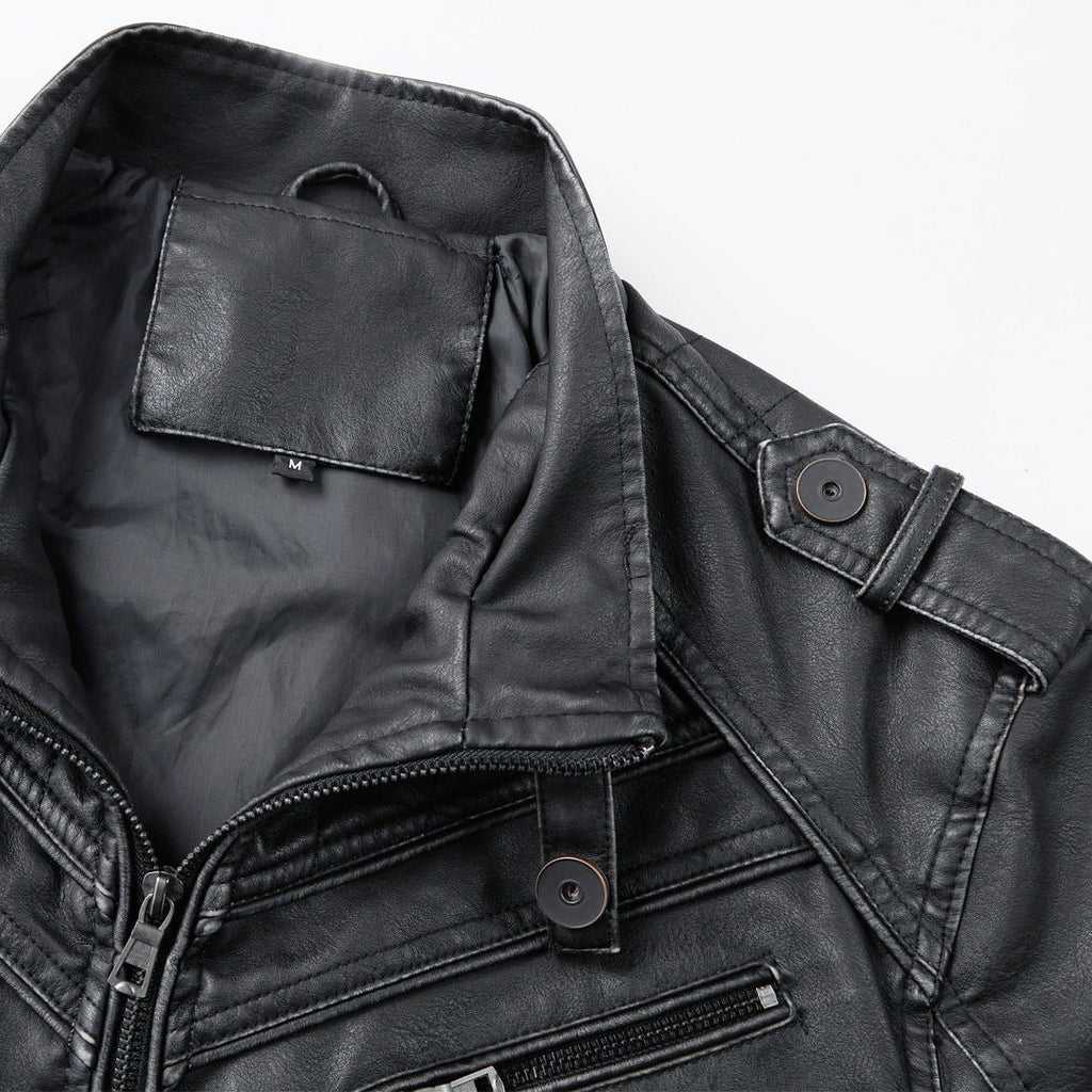 Leather Coat Men's Vintage Washed Faded Edge Stand Collar - IVOIRART.COM