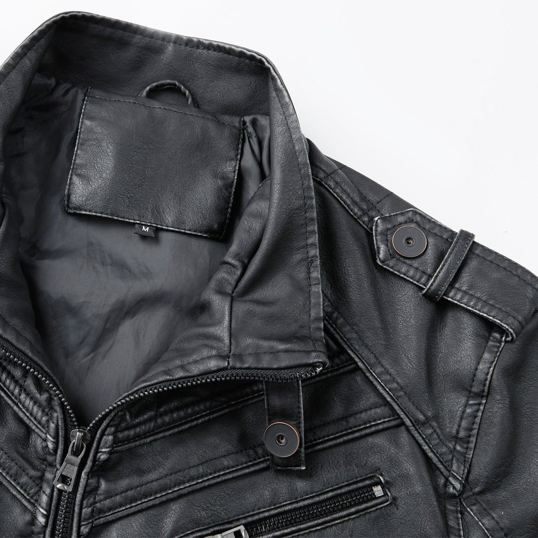 Leather Coat Men's Vintage Washed Faded Edge Stand Collar - IVOIRART.COM