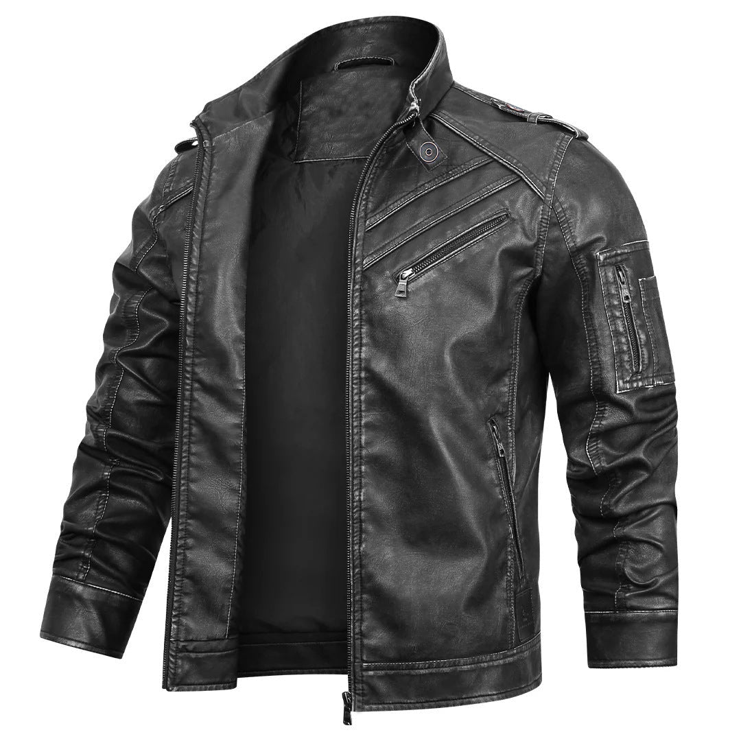 Leather Coat Men's Vintage Washed Faded Edge Stand Collar - IVOIRART.COM