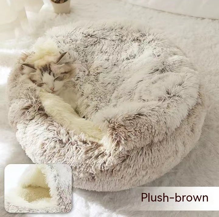 Lit Douillet Rond 2 en 1 pour Chiens et Chats, Maison d'Hiver en Peluche Longue, Douce et Chaude - IVOIRART.COM