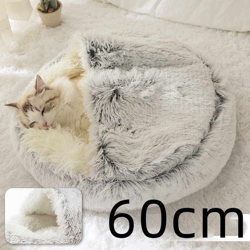 Lit Douillet Rond 2 en 1 pour Chiens et Chats, Maison d'Hiver en Peluche Longue, Douce et Chaude - IVOIRART.COM