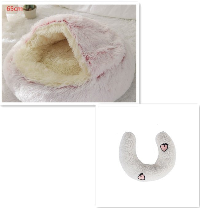 Lit Douillet Rond 2 en 1 pour Chiens et Chats, Maison d'Hiver en Peluche Longue, Douce et Chaude - IVOIRART.COM