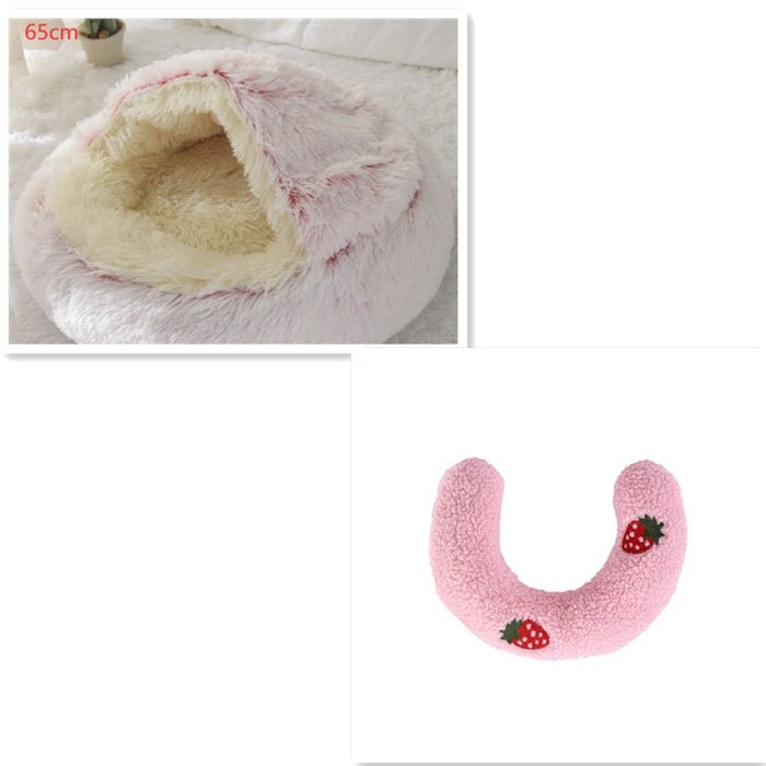 Lit Douillet Rond 2 en 1 pour Chiens et Chats, Maison d'Hiver en Peluche Longue, Douce et Chaude - IVOIRART.COM