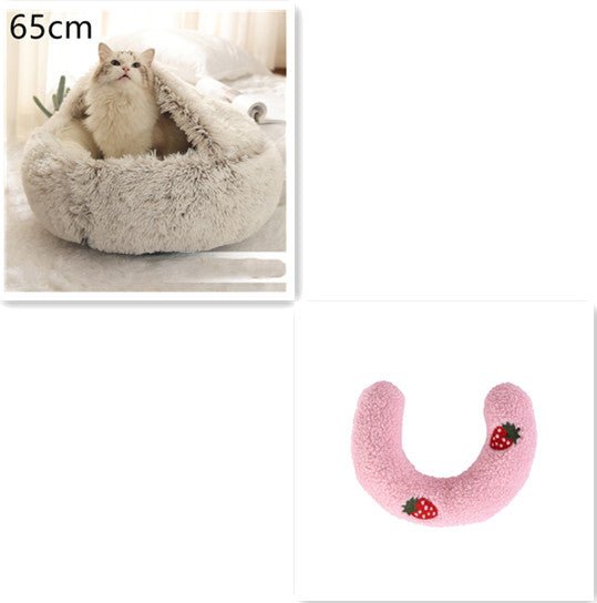Lit Douillet Rond 2 en 1 pour Chiens et Chats, Maison d'Hiver en Peluche Longue, Douce et Chaude - IVOIRART.COM