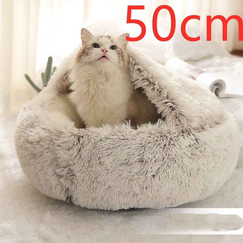 Lit Douillet Rond 2 en 1 pour Chiens et Chats, Maison d'Hiver en Peluche Longue, Douce et Chaude - IVOIRART.COM