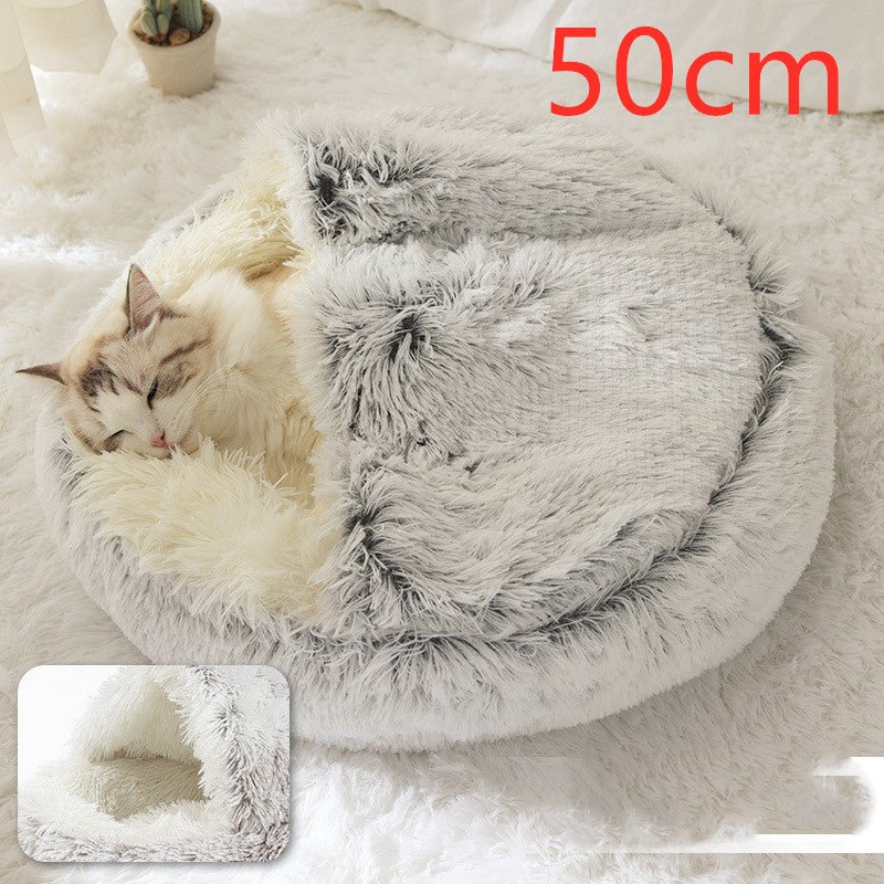 Lit Douillet Rond 2 en 1 pour Chiens et Chats, Maison d'Hiver en Peluche Longue, Douce et Chaude - IVOIRART.COM