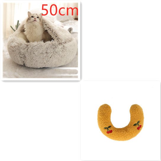 Lit Douillet Rond 2 en 1 pour Chiens et Chats, Maison d'Hiver en Peluche Longue, Douce et Chaude - IVOIRART.COM