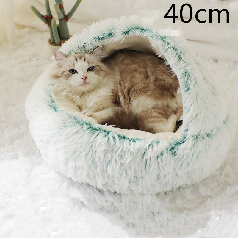 Lit Douillet Rond 2 en 1 pour Chiens et Chats, Maison d'Hiver en Peluche Longue, Douce et Chaude - IVOIRART.COM