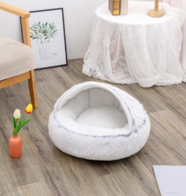 Lit Douillet Rond 2 en 1 pour Chiens et Chats, Maison d'Hiver en Peluche Longue, Douce et Chaude - IVOIRART.COM