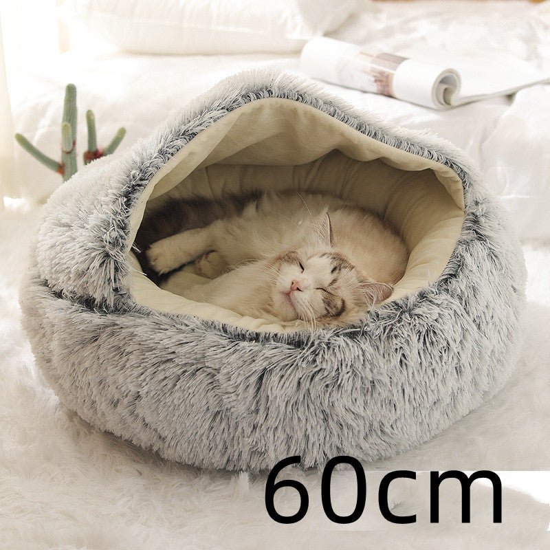 Lit Douillet Rond 2 en 1 pour Chiens et Chats, Maison d'Hiver en Peluche Longue, Douce et Chaude - IVOIRART.COM