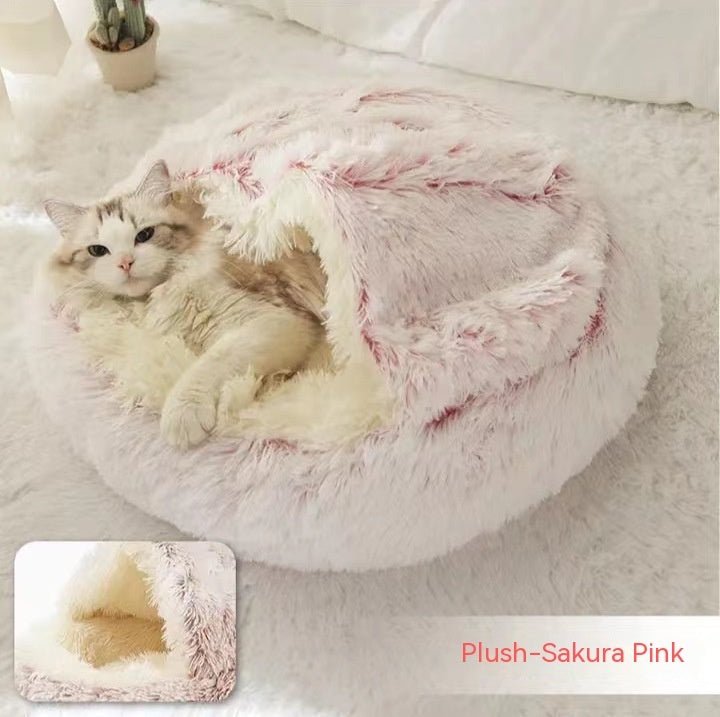 Lit Douillet Rond 2 en 1 pour Chiens et Chats, Maison d'Hiver en Peluche Longue, Douce et Chaude - IVOIRART.COM