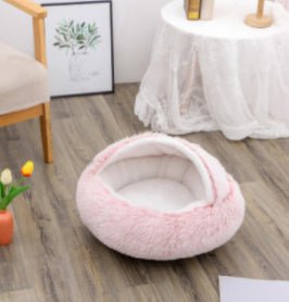 Lit Douillet Rond 2 en 1 pour Chiens et Chats, Maison d'Hiver en Peluche Longue, Douce et Chaude - IVOIRART.COM