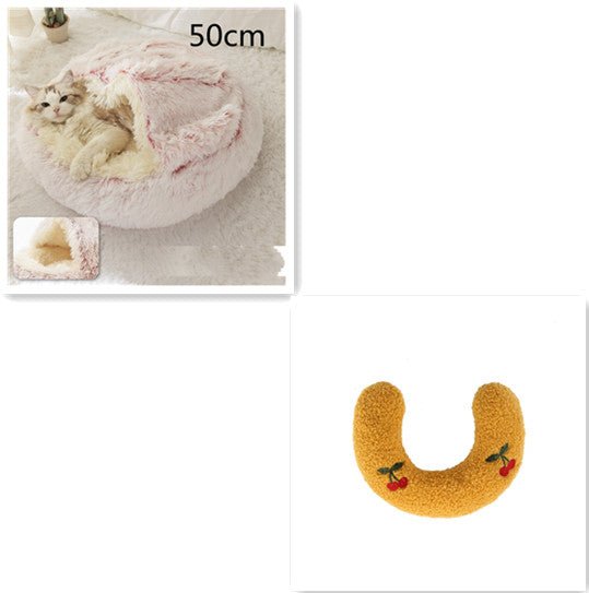 Lit Douillet Rond 2 en 1 pour Chiens et Chats, Maison d'Hiver en Peluche Longue, Douce et Chaude - IVOIRART.COM