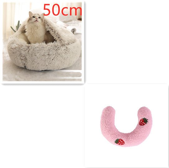 Lit Douillet Rond 2 en 1 pour Chiens et Chats, Maison d'Hiver en Peluche Longue, Douce et Chaude - IVOIRART.COM