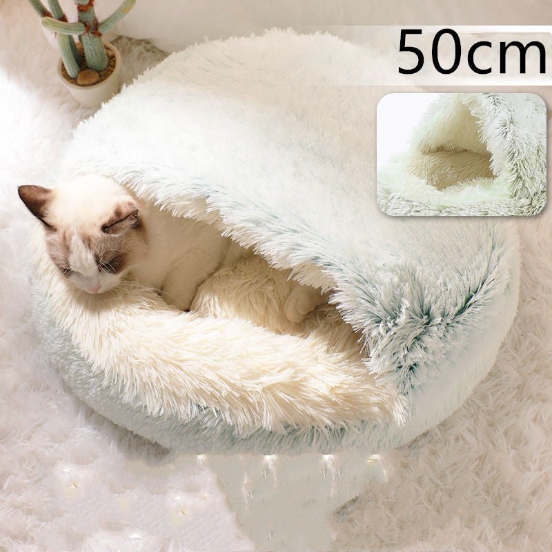 Lit Douillet Rond 2 en 1 pour Chiens et Chats, Maison d'Hiver en Peluche Longue, Douce et Chaude - IVOIRART.COM