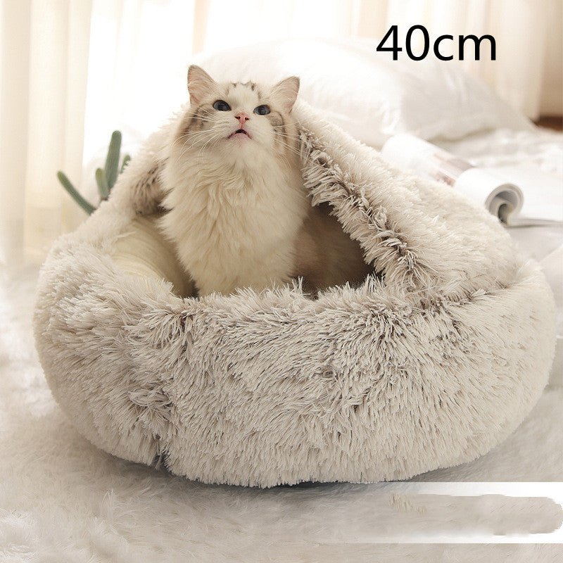 Lit Douillet Rond 2 en 1 pour Chiens et Chats, Maison d'Hiver en Peluche Longue, Douce et Chaude - IVOIRART.COM