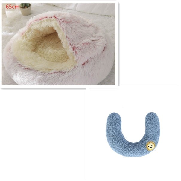Lit Douillet Rond 2 en 1 pour Chiens et Chats, Maison d'Hiver en Peluche Longue, Douce et Chaude - IVOIRART.COM