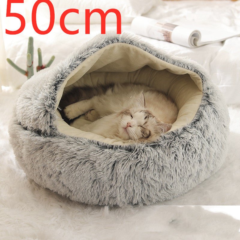 Lit Douillet Rond 2 en 1 pour Chiens et Chats, Maison d'Hiver en Peluche Longue, Douce et Chaude - IVOIRART.COM